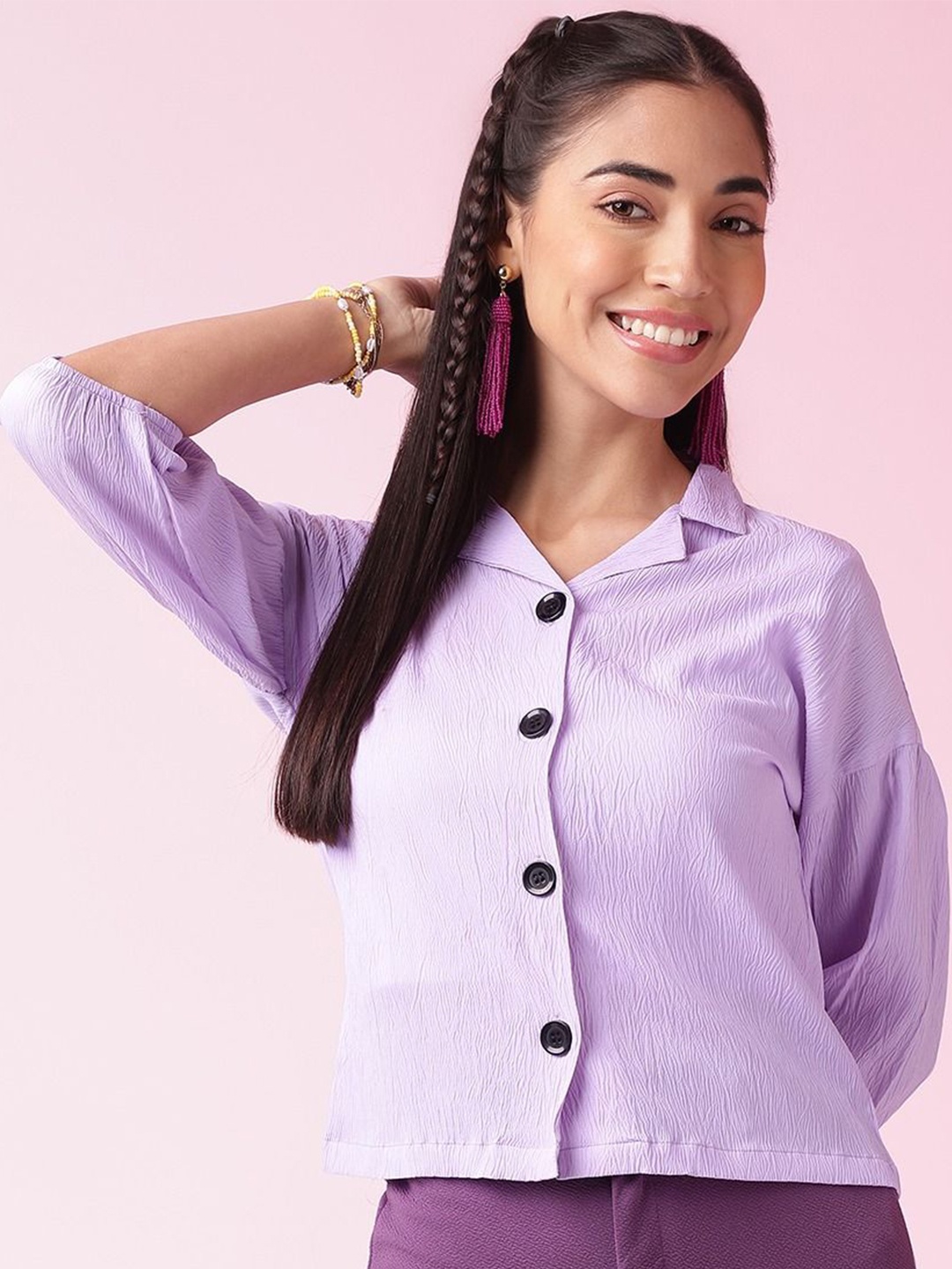 

FashionsEye Bishop Sleeves Boxy Crop Top, Purple