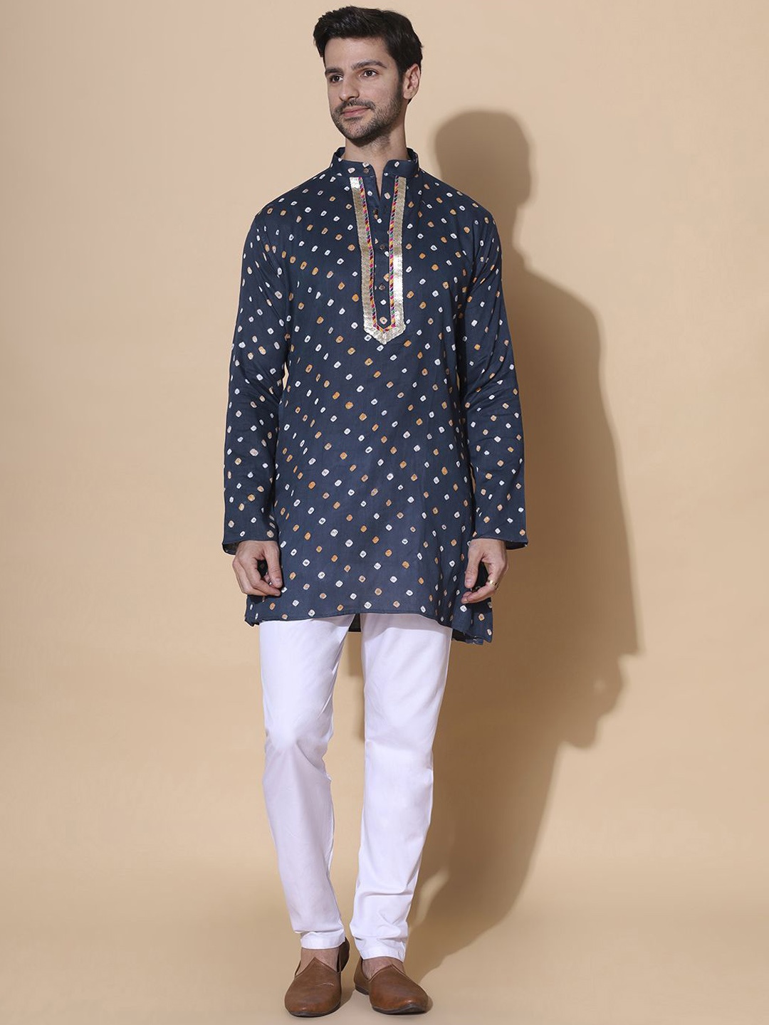 

MOSHI Geometric Printed Band Collar Pure Cotton Straight Kurta, Blue