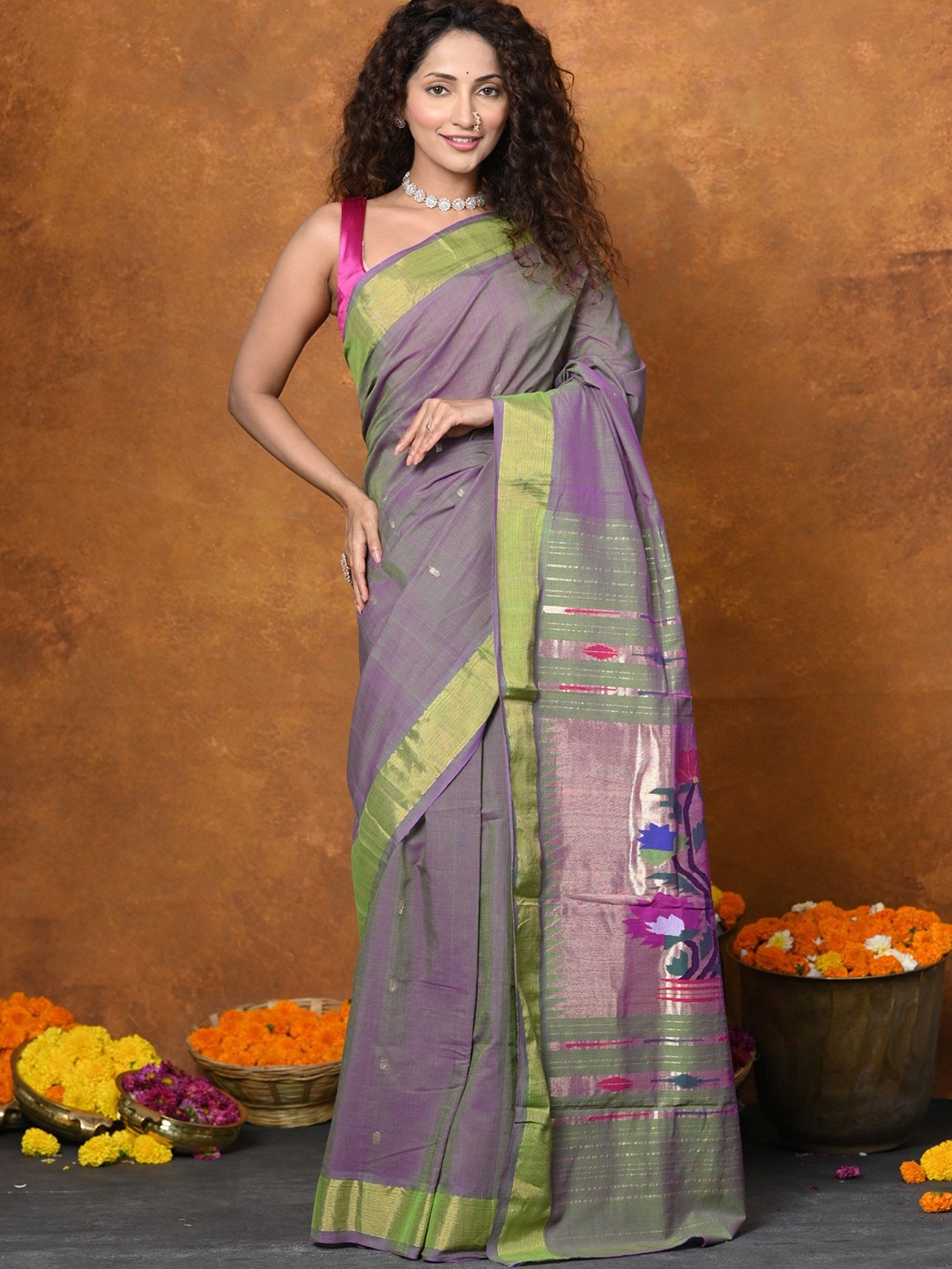 

Very Much Indian Ethnic Motifs Zari Pure Cotton Paithani Saree, Purple