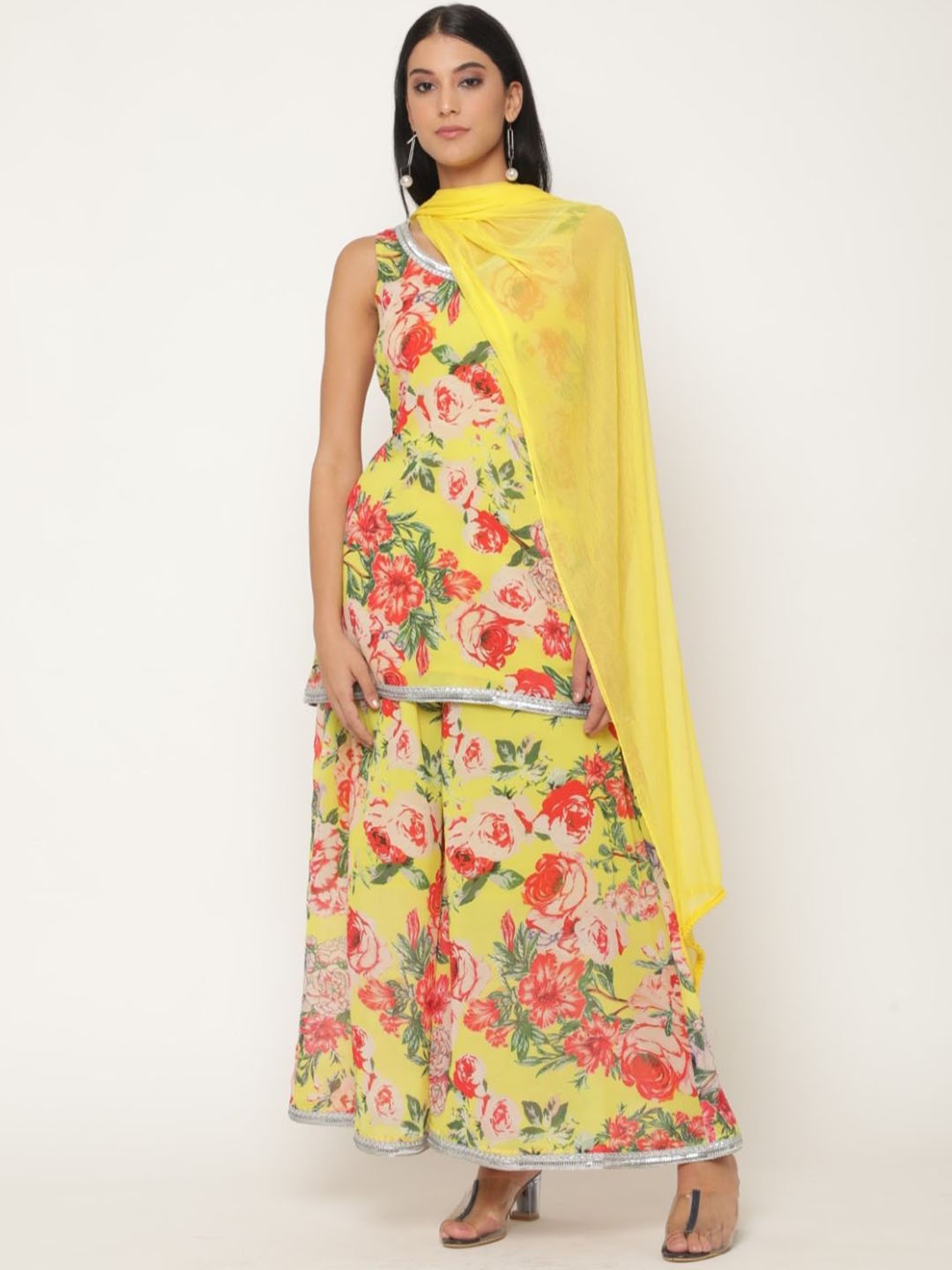 

VIRAGO Floral Printed Straight Kurti with Trousers & With Dupatta, Yellow