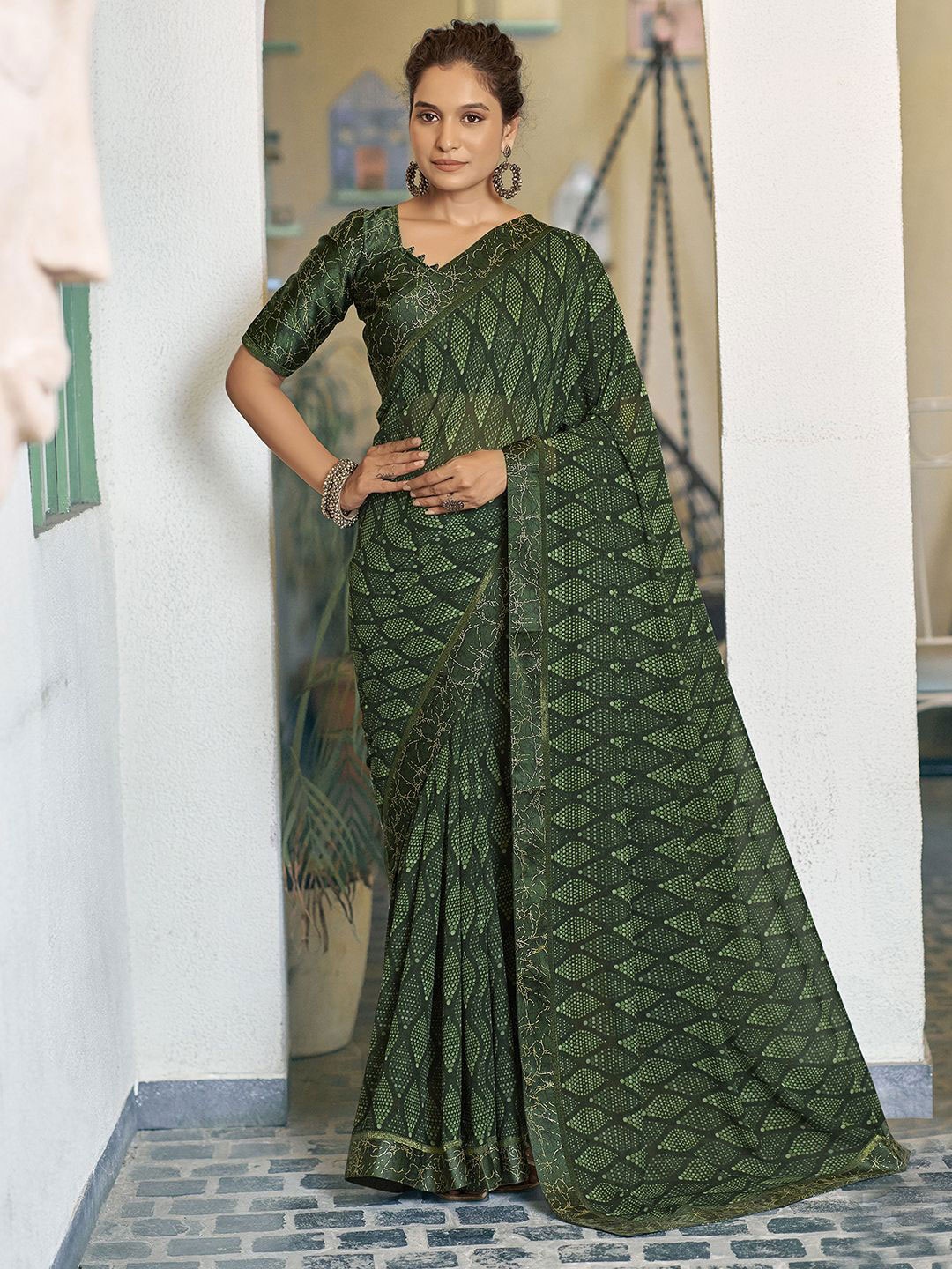 

Satrani Pure Georgette Muga Saree, Green