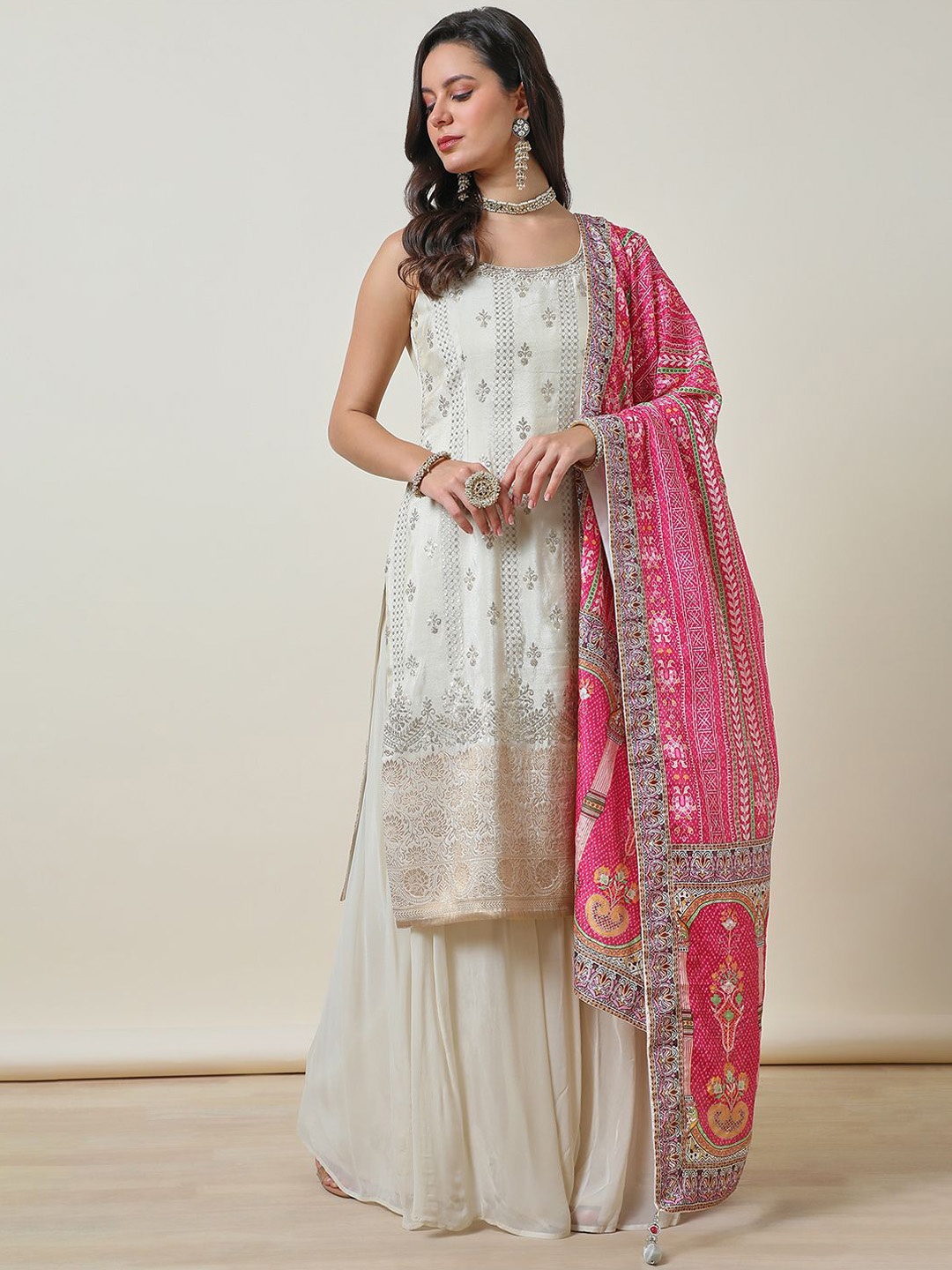 

Soch Floral Embroidered Sequinned Straight Kurta With Palazzos & Dupatta, Off white