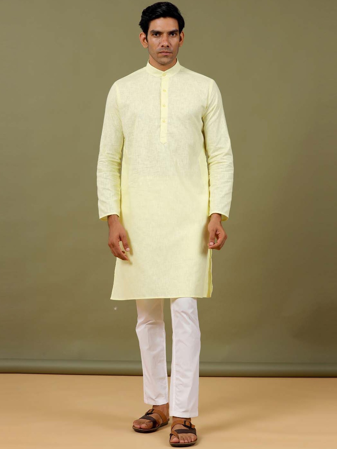 

Tistabene Mandarin Collar Long Sleeves Linen Straight Kurta, Yellow