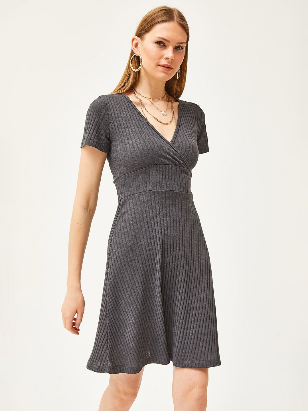 

Olalook Checked Fit & Flare Dress, Grey