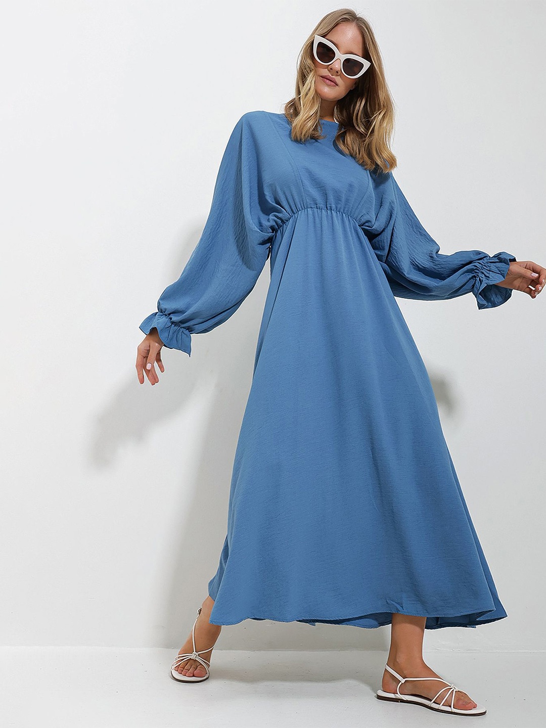 

Trend Alacati stili Solid Puff Sleeve Empire Maxi Dress, Blue