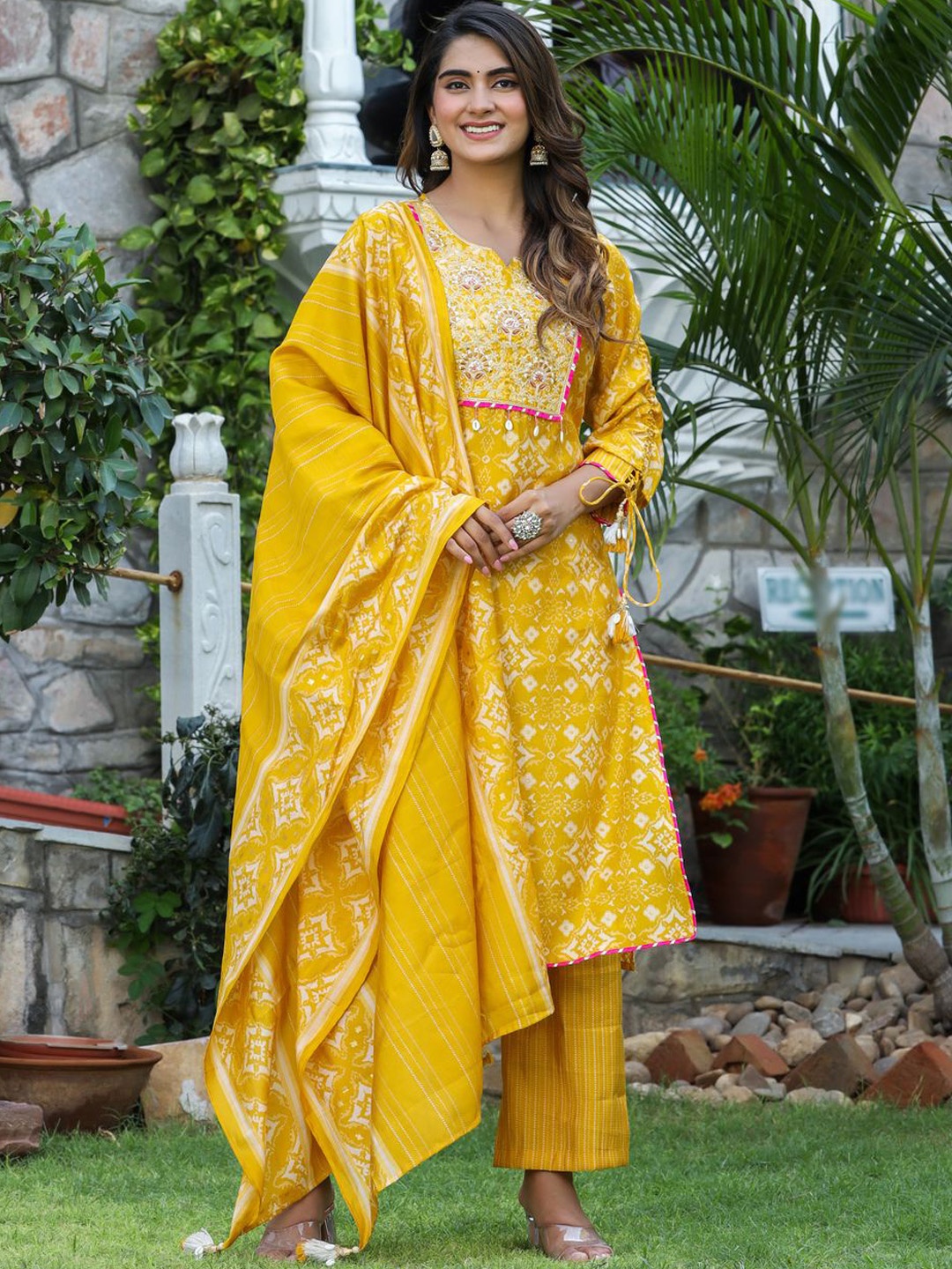 

SHOOLIN Floral Printed Gotta Patti Straight Kurta With Palazzos & Dupatta, Mustard
