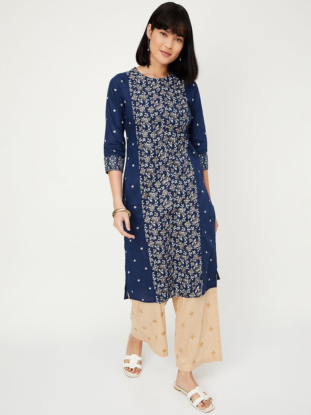 

max Floral Printed Cotton Straight Kurta, Blue