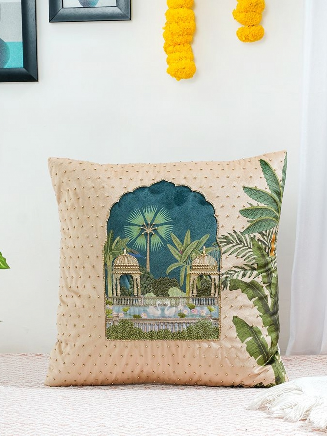 

Mid July Home Beige & Green Ethnic Motifs Embellished Beaded Velvet Square Cushion Cover