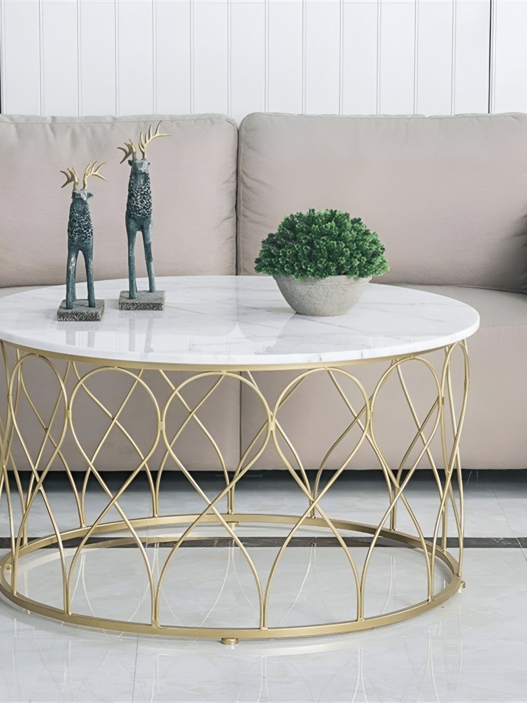 

Wooden Twist Yellow & White Printed Round Coffee Table, Gold