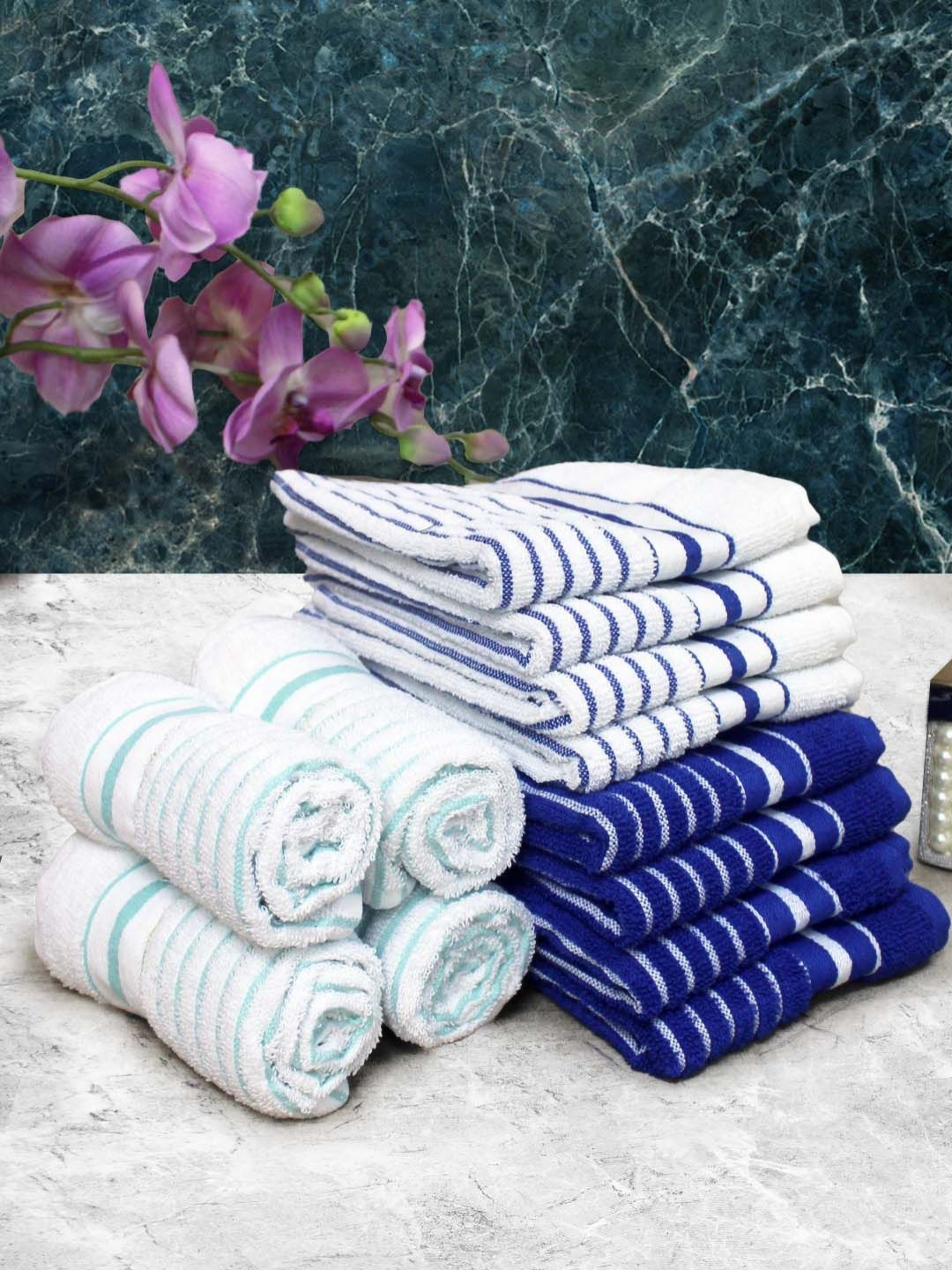 

Aura White & Blue 12 Pieces Striped Cotton 150 GSM Hand Towels