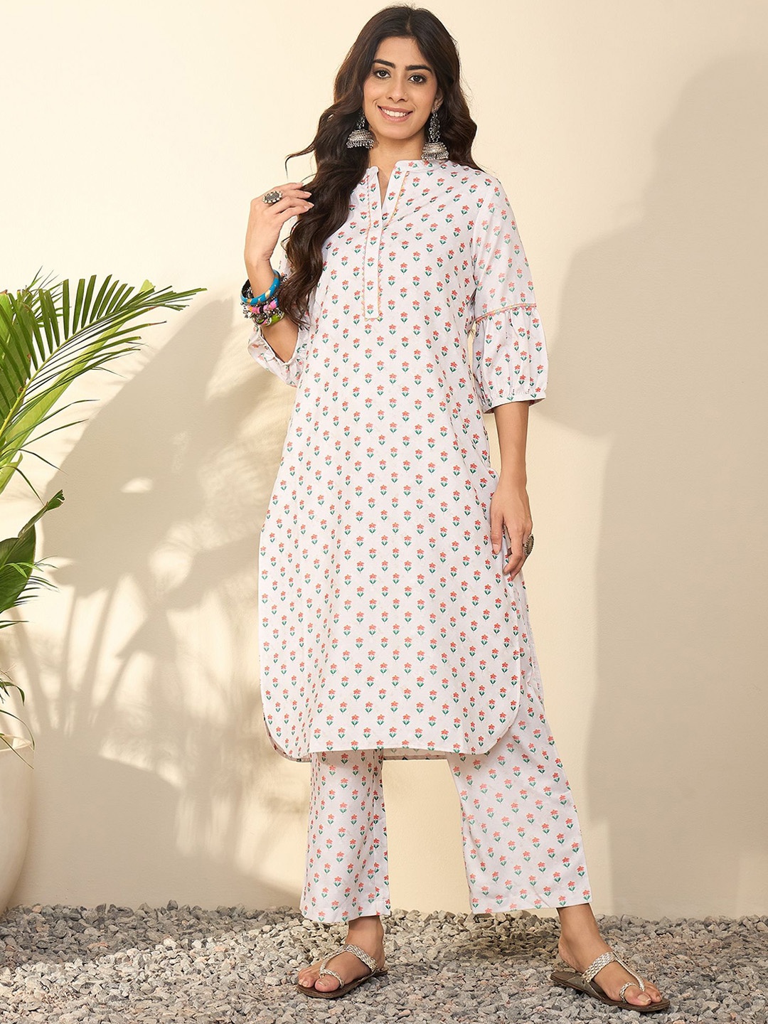 

Madhuni Floral Printed Mandarin Collar Puffed Sleeves Straight Kurta With Palazzos, Off white
