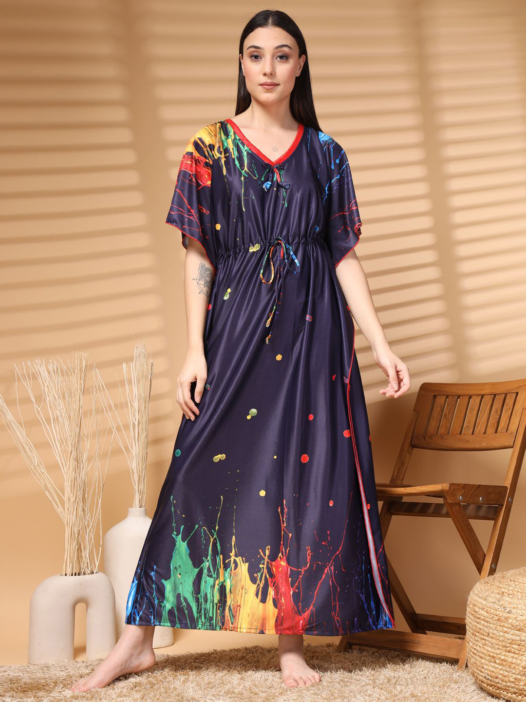 

FABINALIV Women Satin Abstract Printed Maxi Kaftan Nightdress, Blue