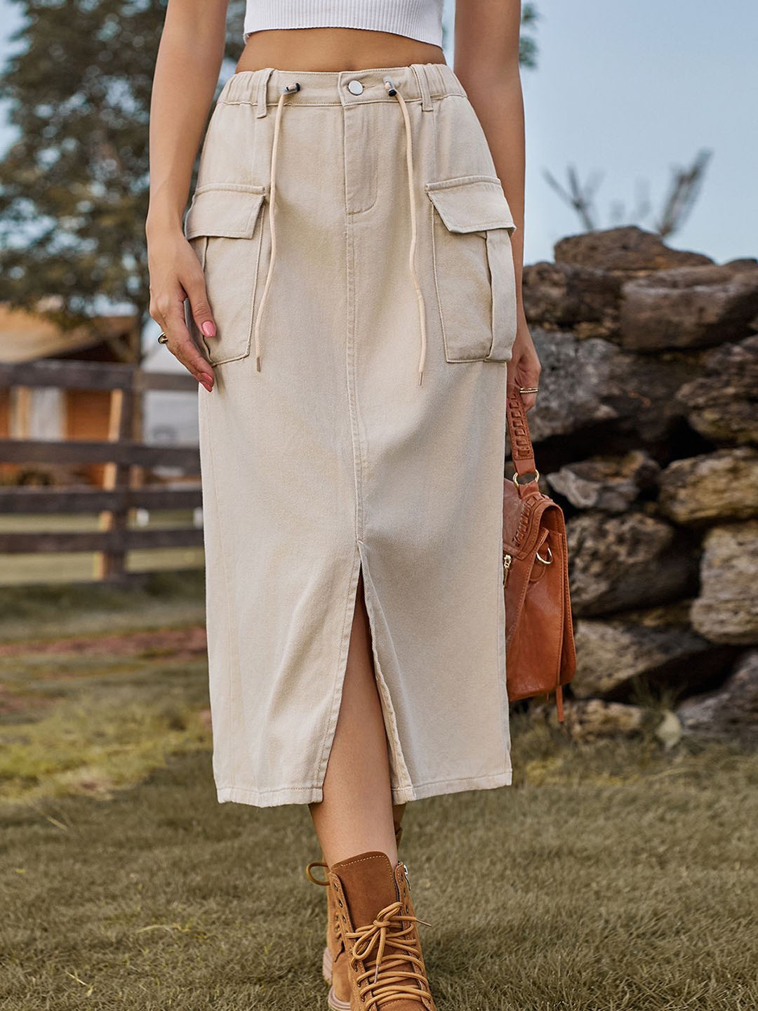 

StyleCast Solid Denim A-line Midi Skirts, Beige