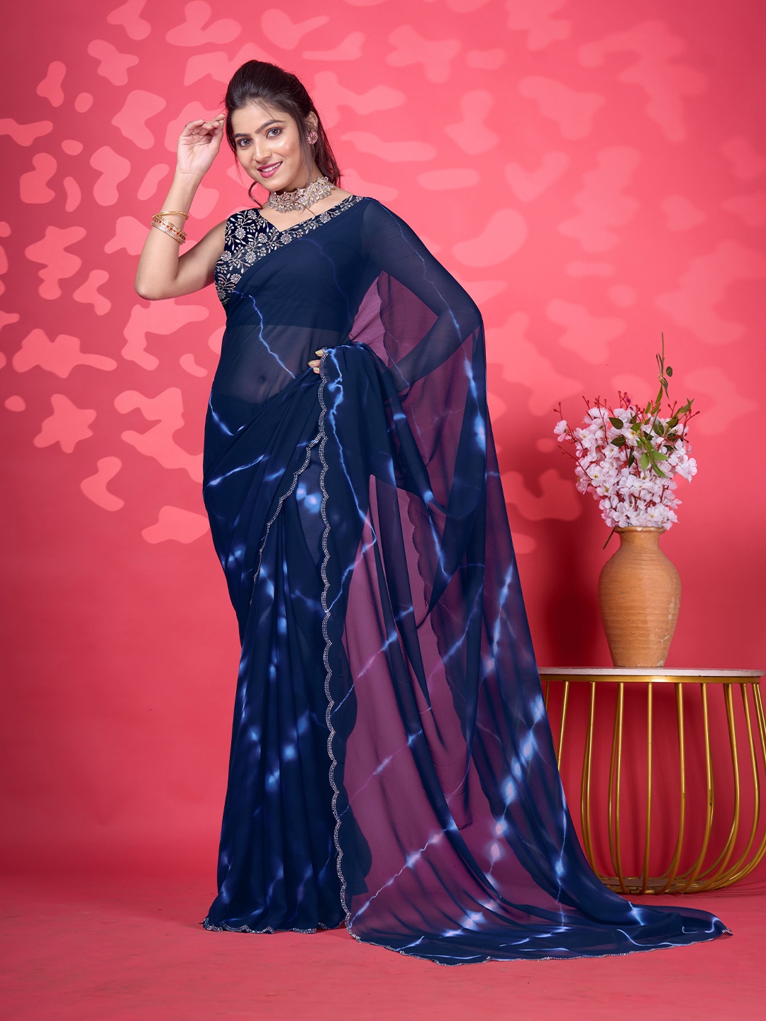 

NIRMAL CREATION Tie and Dye Beads and Stones Art Silk Maheshwari Saree, Blue