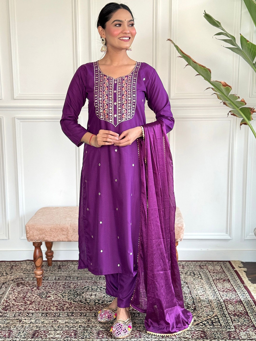 

KALINI Floral Embroidered Straight Kurta With Trouser & Dupatta, Purple