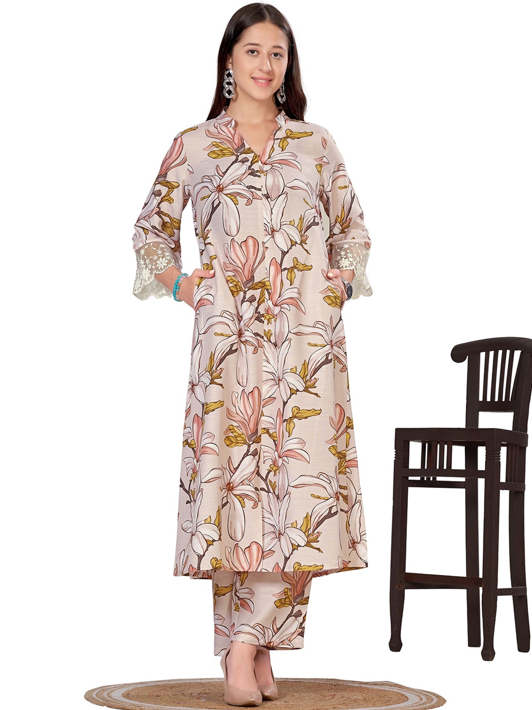 

FAB GALAXY Women Floral Printed Regular Thread Work Kurta with Trousers, Beige