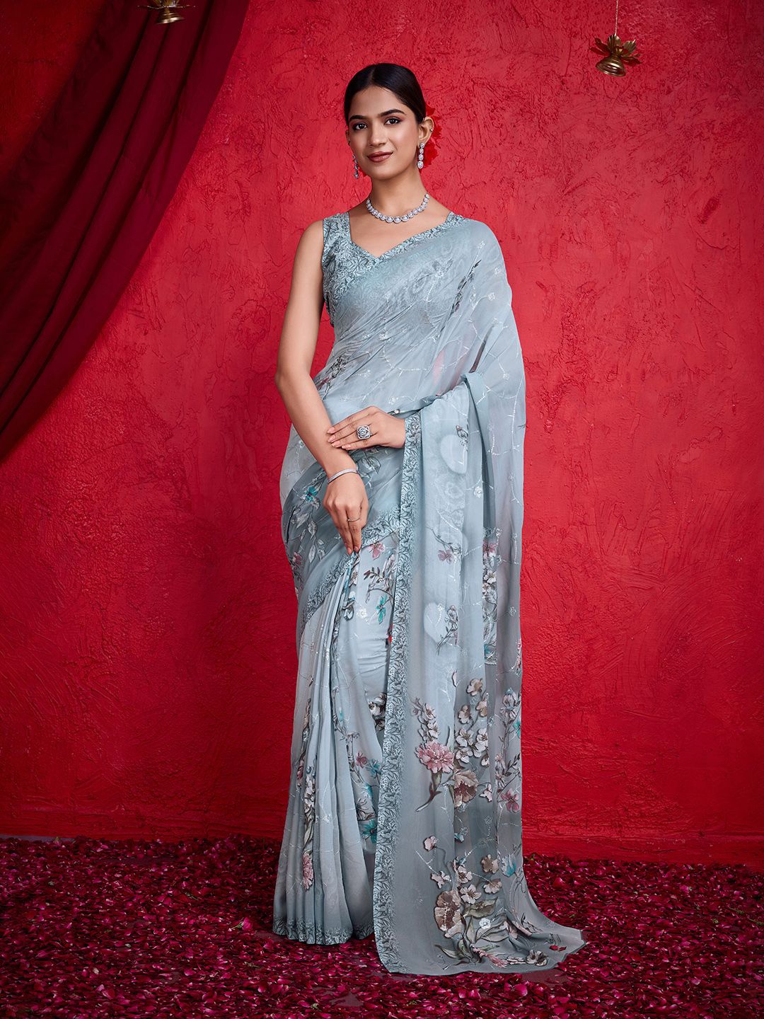 

all about you Floral Sequinned Poly Chiffon Banarasi Saree, Grey