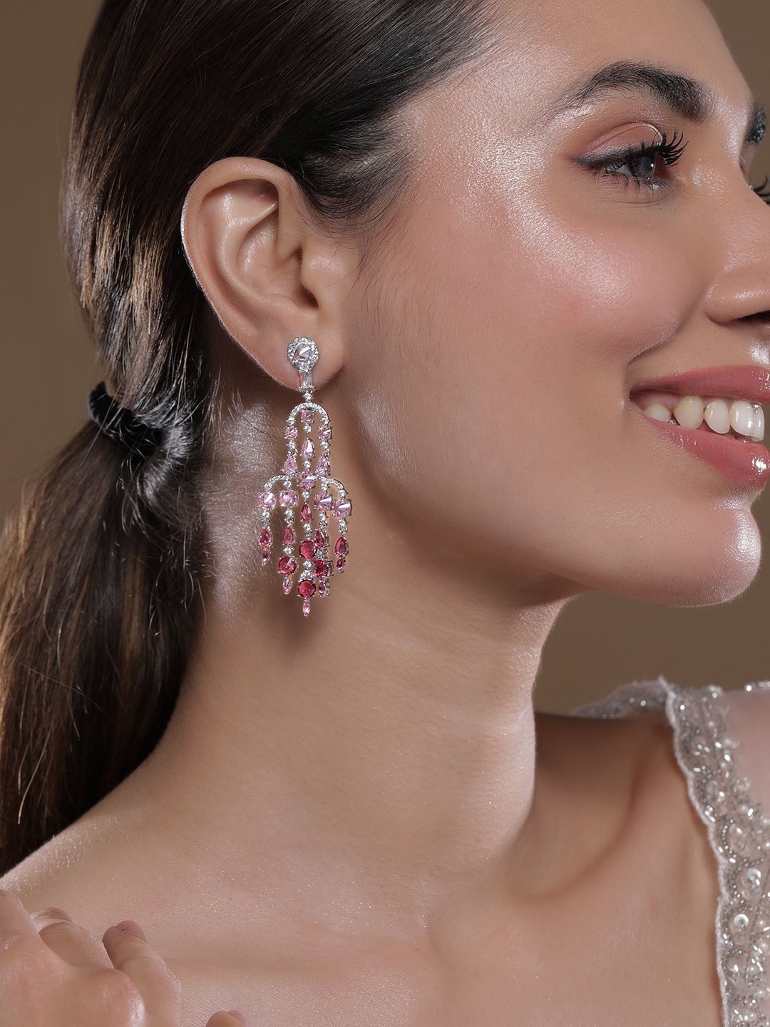 

Rubans Rhodium-Plated Ruby Light Pink & Dark Pink AD & CZ Studded Chandelier Earrings, Silver