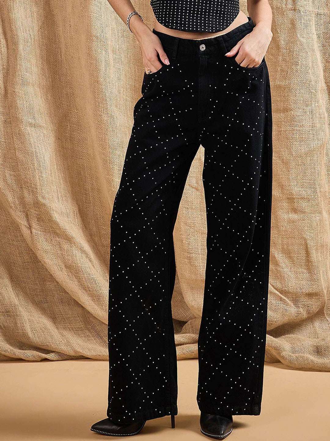 

SASSAFRAS Women Straight Fit High-Rise Embellished Jeans, Black
