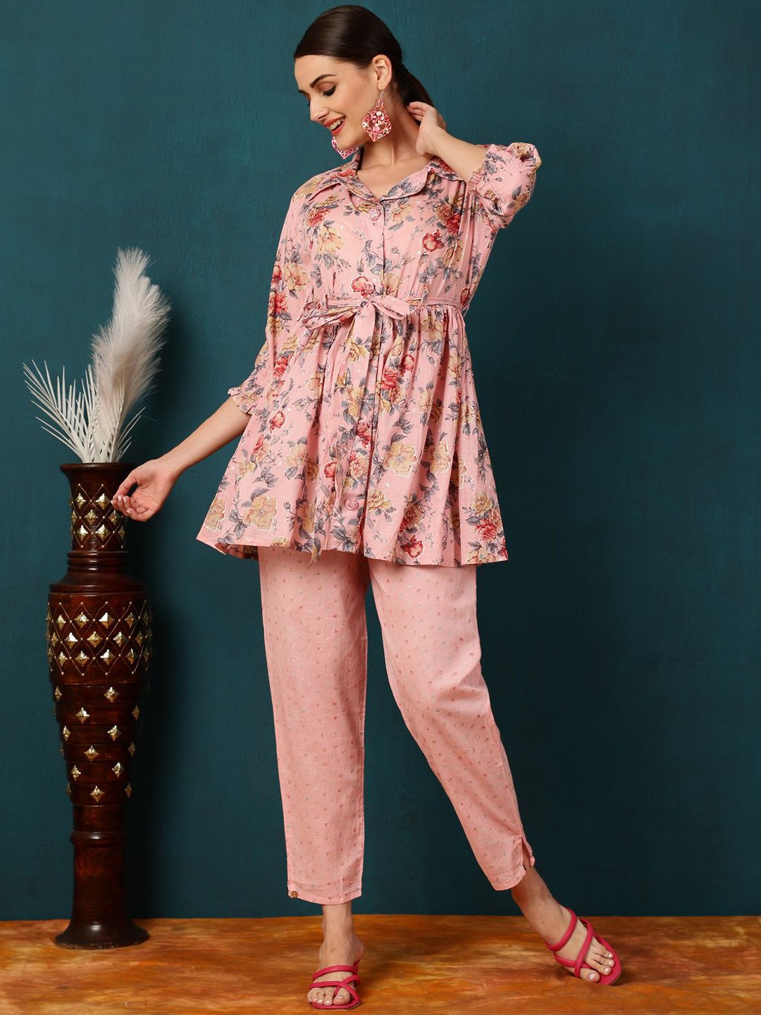 

KIMAYRA Floral Printed Pure Cotton Tunic with Trousers, Pink