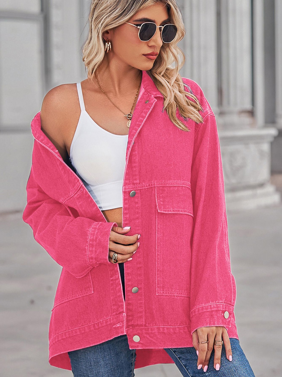 

StyleCast Women Longline Denim Jacket with Patchwork, Pink