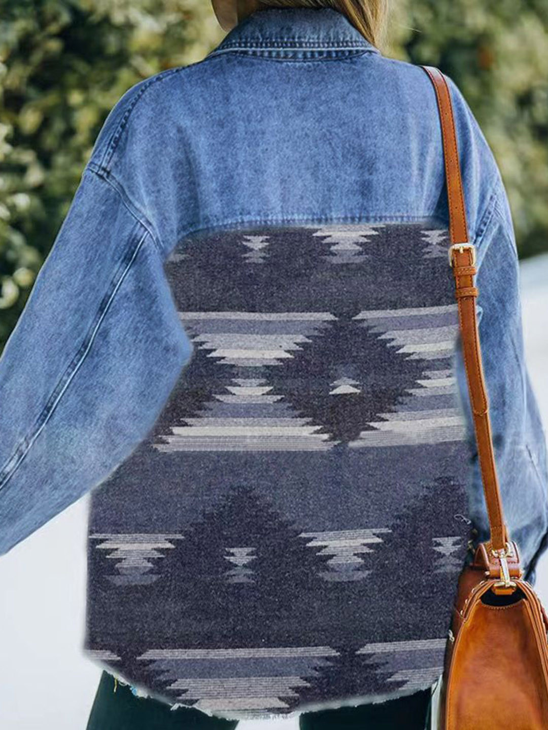 

StyleCast Women Geometric Longline Denim Jacket with Patchwork, Blue