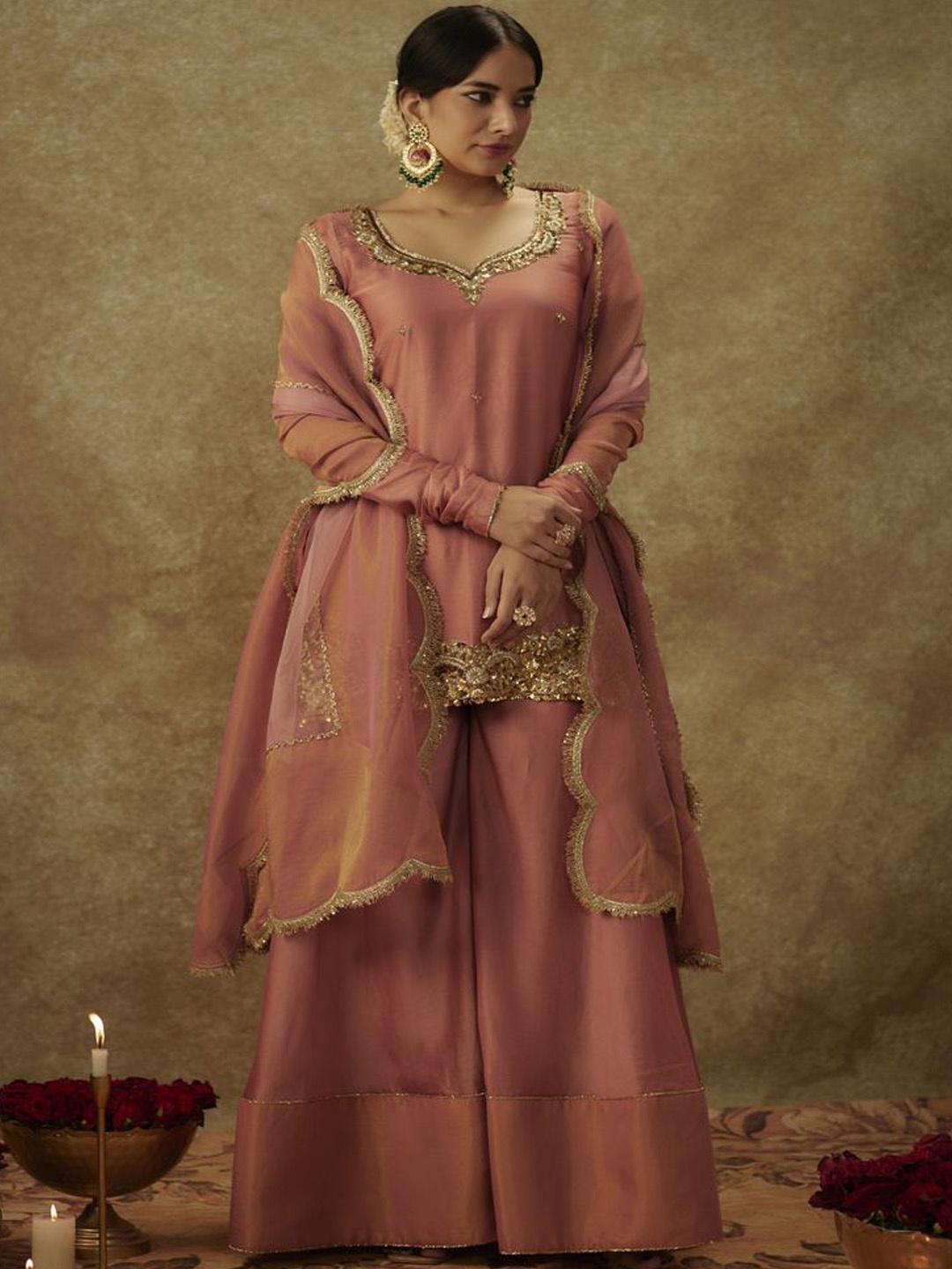 

The Aarya Ethnic Motifs Embroidered Sequinned Chanderi Silk Kurti With Palazzos & Dupatta, Pink