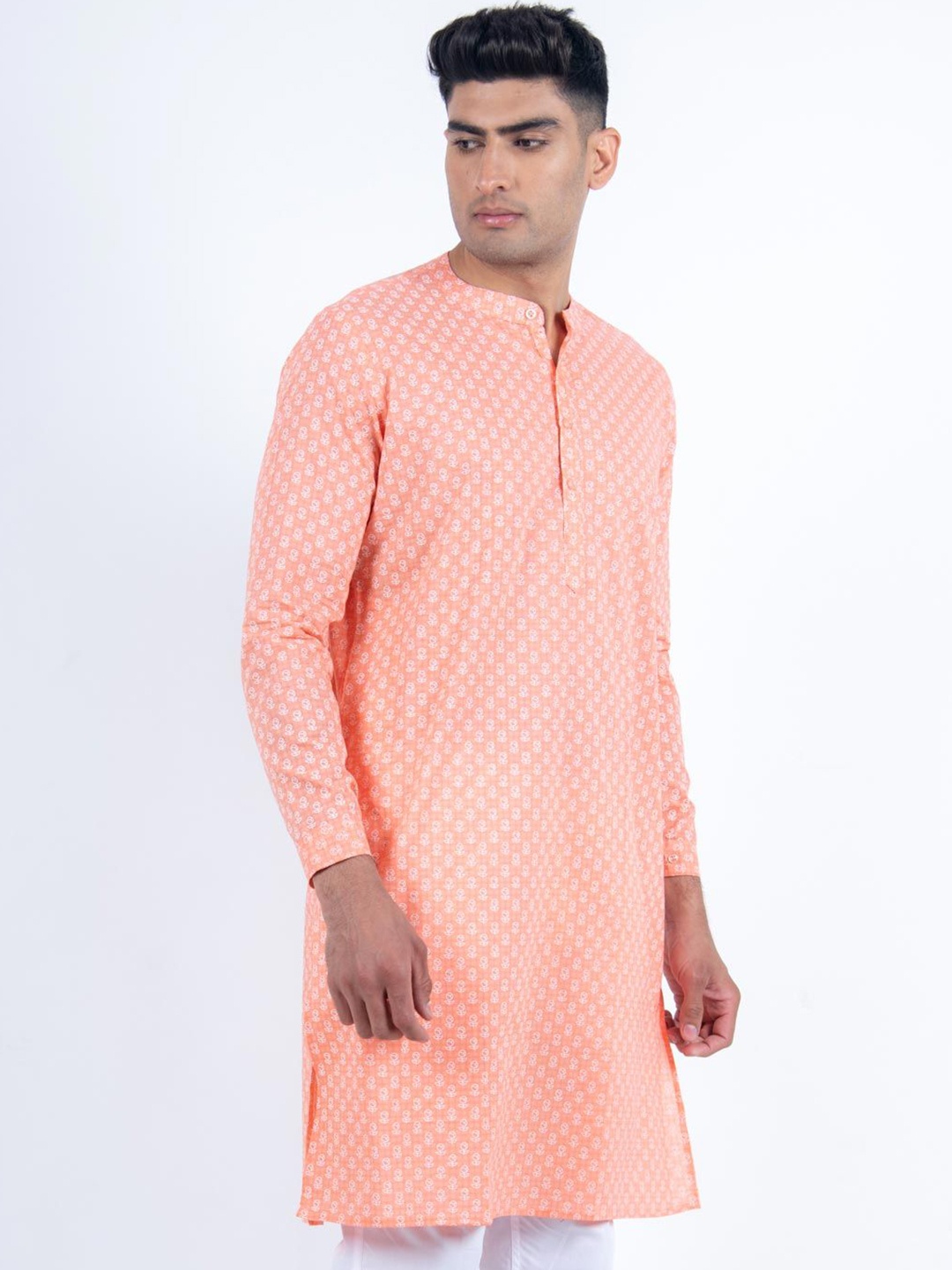 

Tistabene Floral Printed Mandarin Collar Cotton Straight Kurta, Peach
