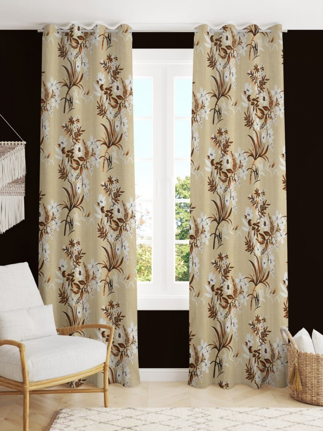 

RIDHAAN Brown & White 2 Pieces Floral Room Darkening Window Curtain