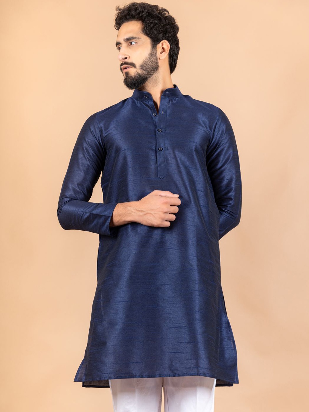 

Tistabene Mandarin Collar Long Sleeves Dupion Silk Straight Kurta, Navy blue