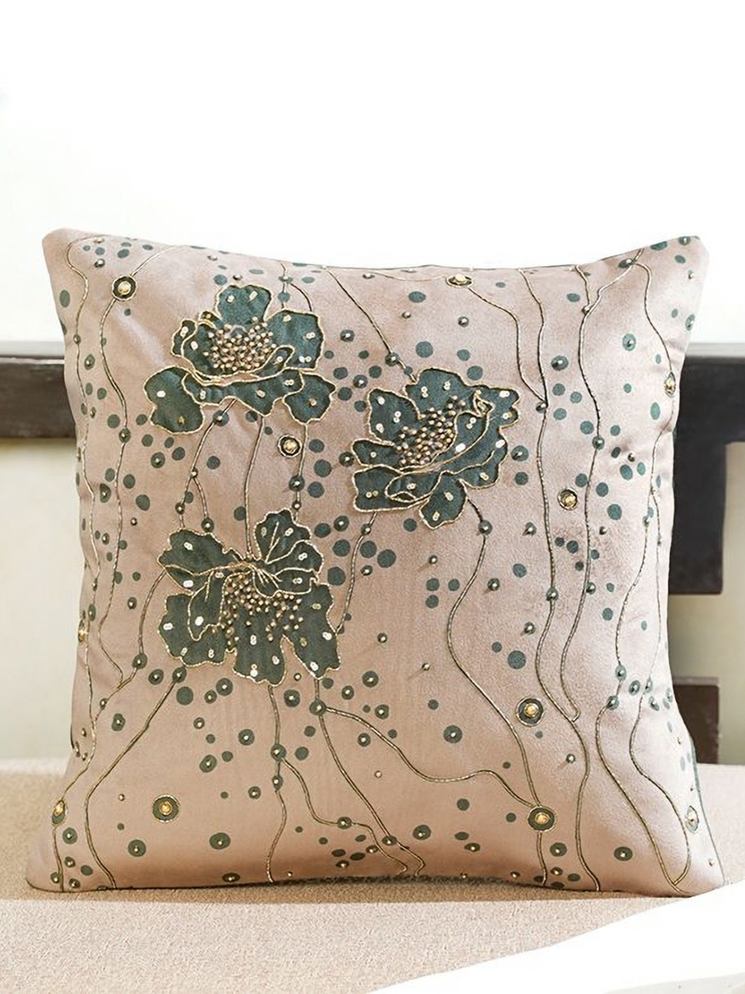 

Mid July Home Gilded Garden Grey & Beige Floral Embellished Velvet Square Cushion Cover