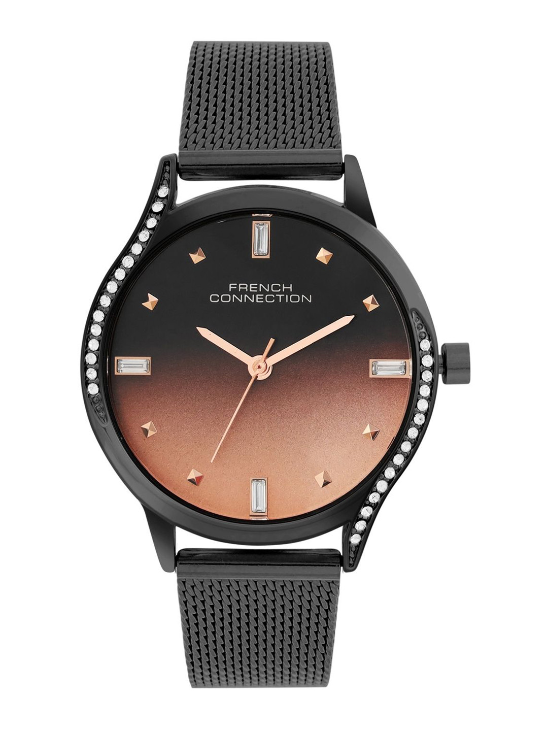 

French Connection Women Embellished Dial & Stainless Steel Bracelet Style Straps Analogue Watch FCN082BM, Black