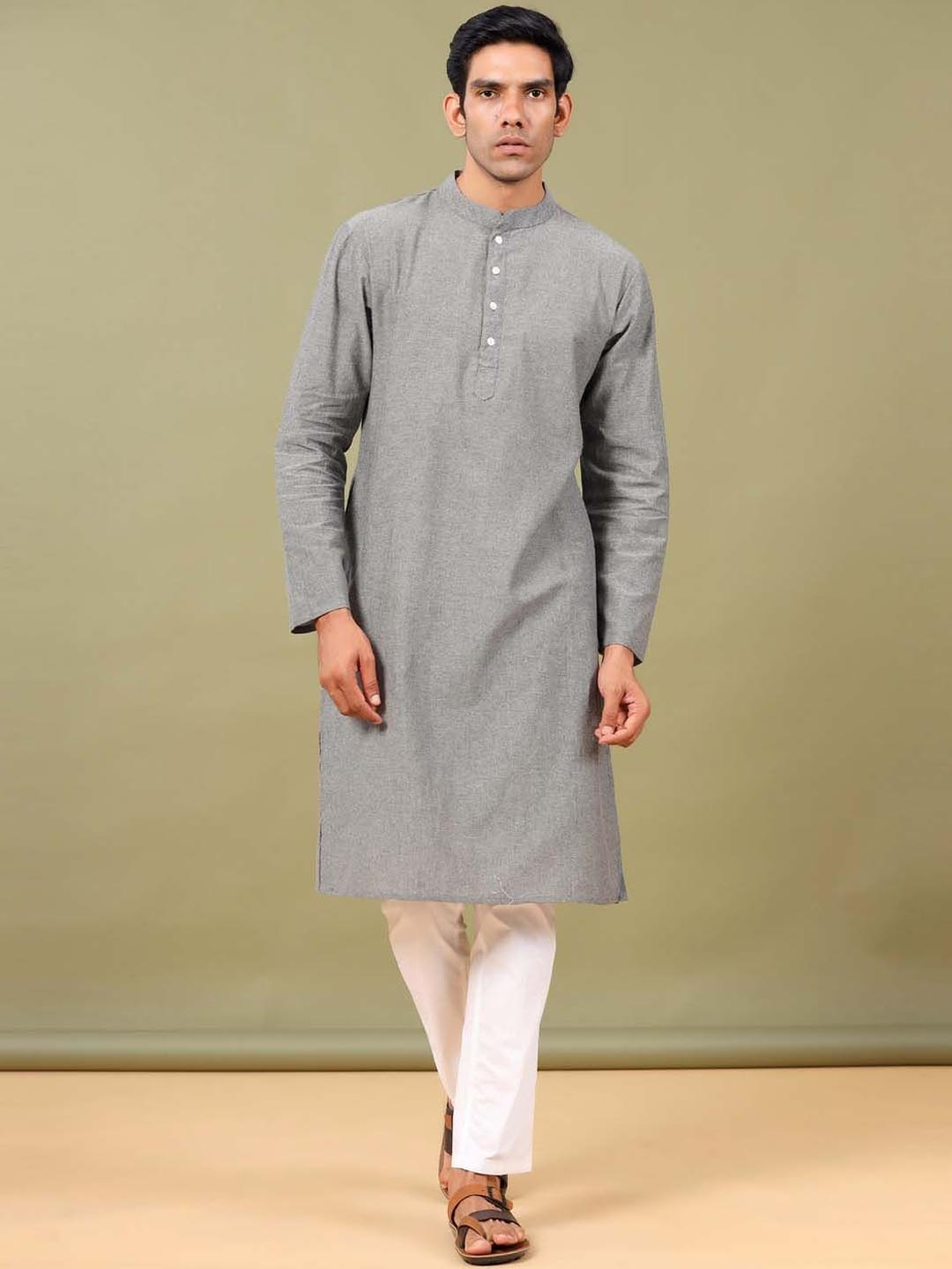 

Tistabene Mandarin Collar Long Sleeves Cotton Straight Kurta, Grey