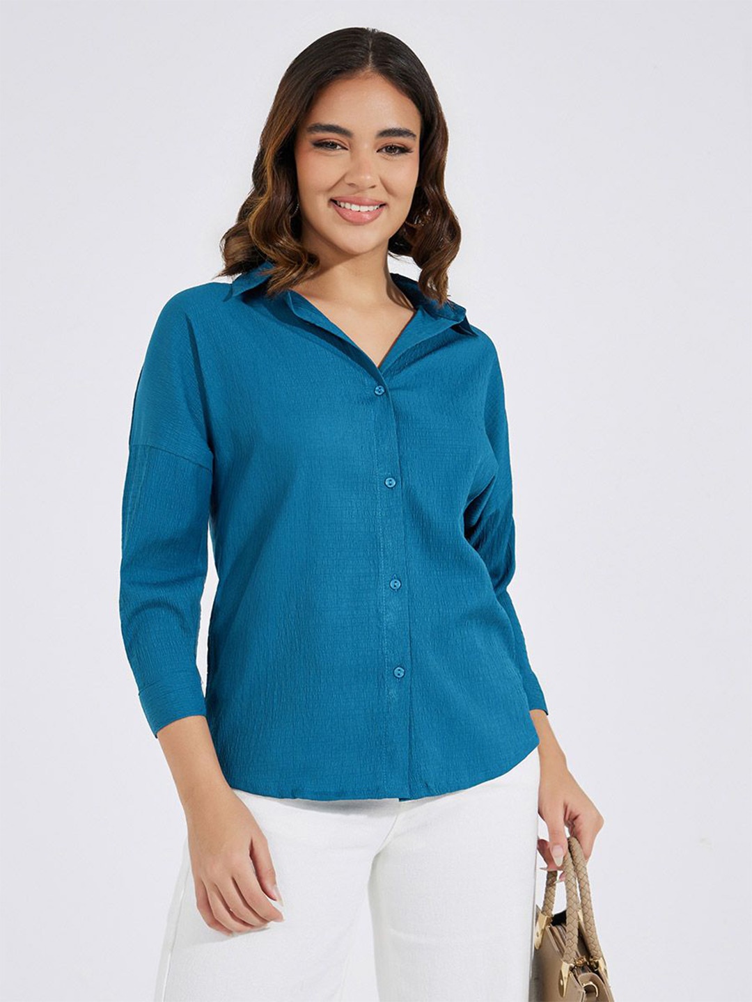 

Women Solid Oversized Longline Shirt With Back Functional Placket, Navy blue