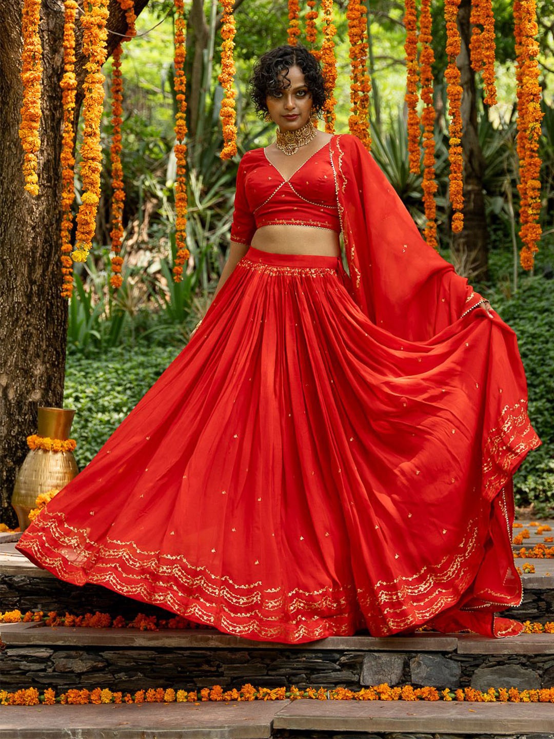 

Suta Printed Gotta Patti Pure Cotton Semi-Stitched Lehenga & Unstitched Choli With Dupatta, Red