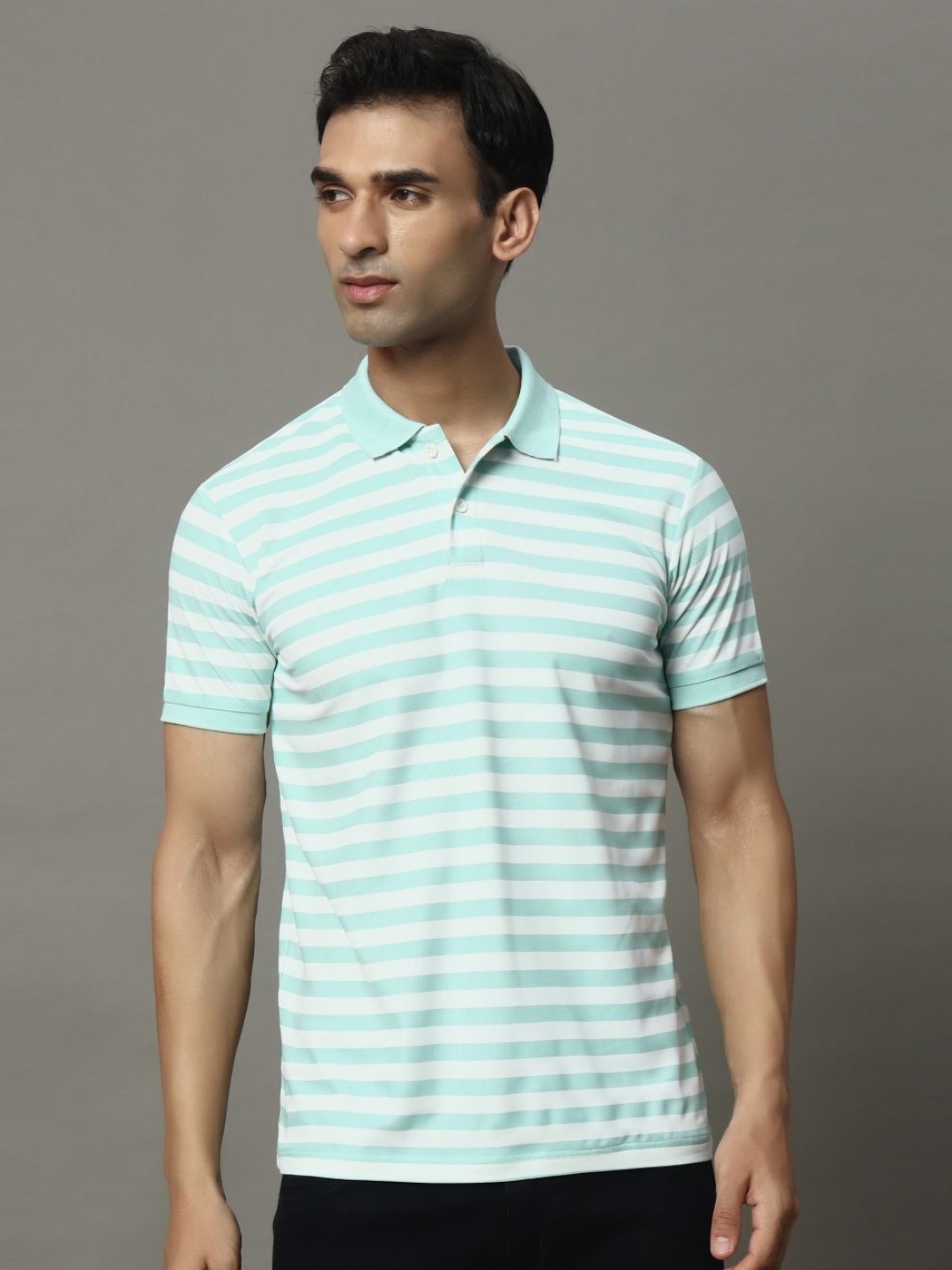 

OGEN Men Striped Polo Collar Pockets T-shirt, Sea green