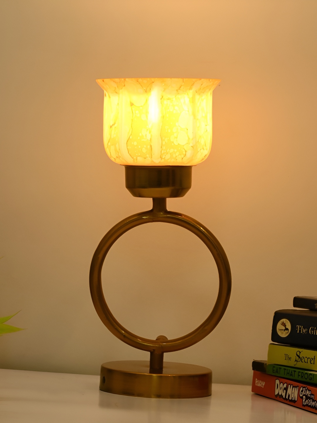 

Afast Gold Toned & Yellow Printed Traditional Bell Shaped Glass Table Lamp