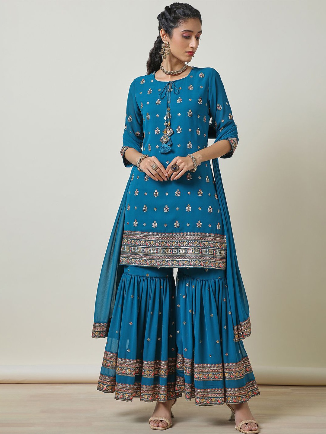 

Soch Floral Embroidered Sequinned Georgette Straight Kurti With Sharara & Dupatta, Teal