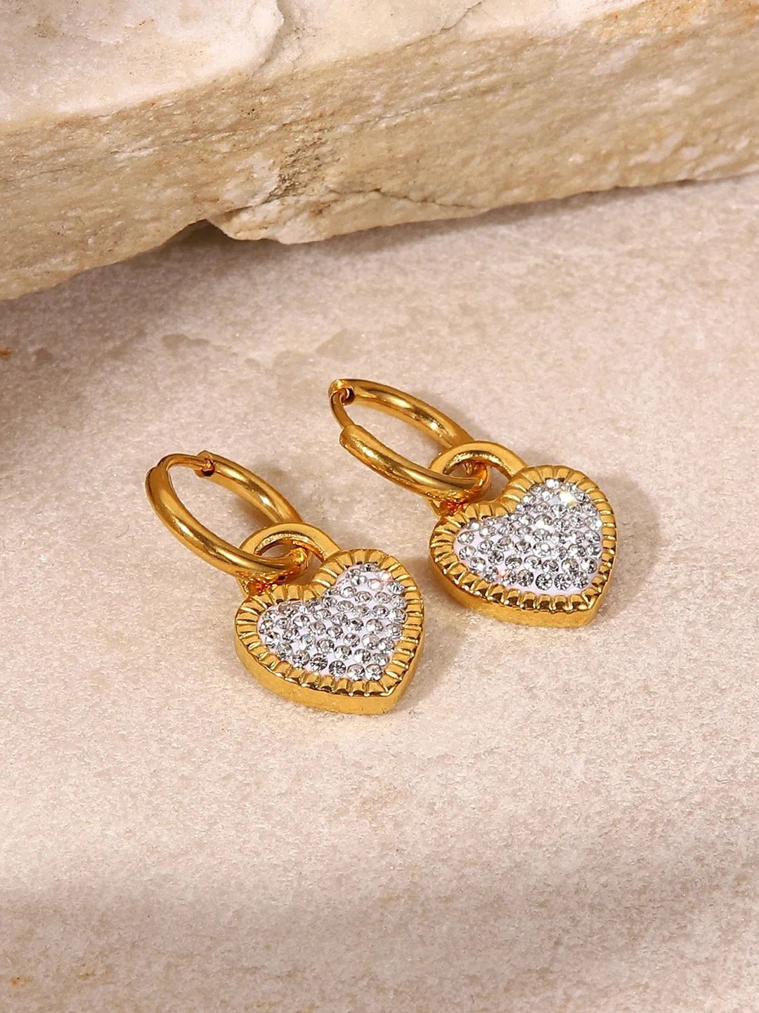 

Inaya 18K Gold Plated Heart Shaped Stainless Steel Cubic Zirconia Drop Earrings