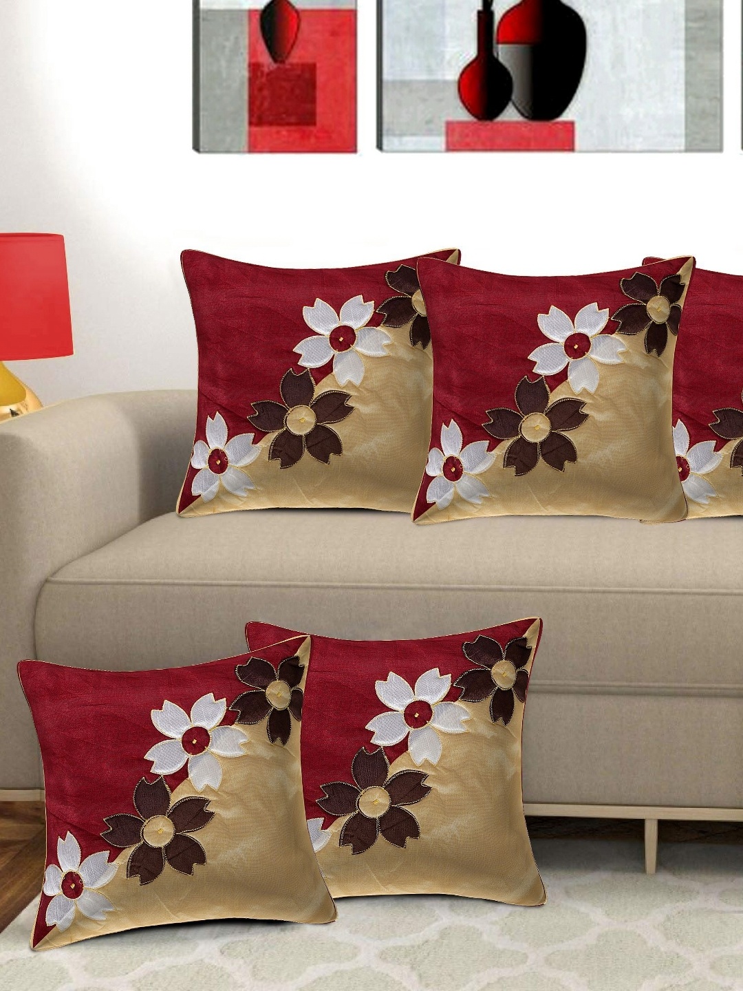 

Creeva Red & Yellow 5 Pieces Floral Silk Square Cushion Covers