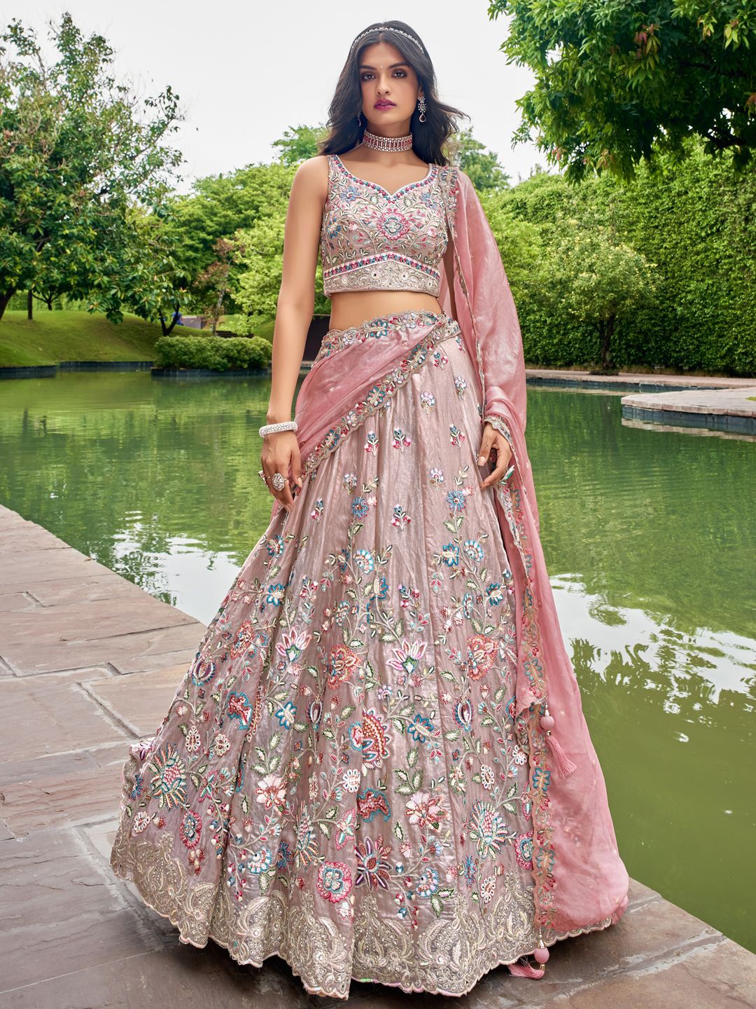 

panchhi Embroidered Sequinned Semi-Stitched Lehenga & Unstitched Blouse With Dupatta, Rose