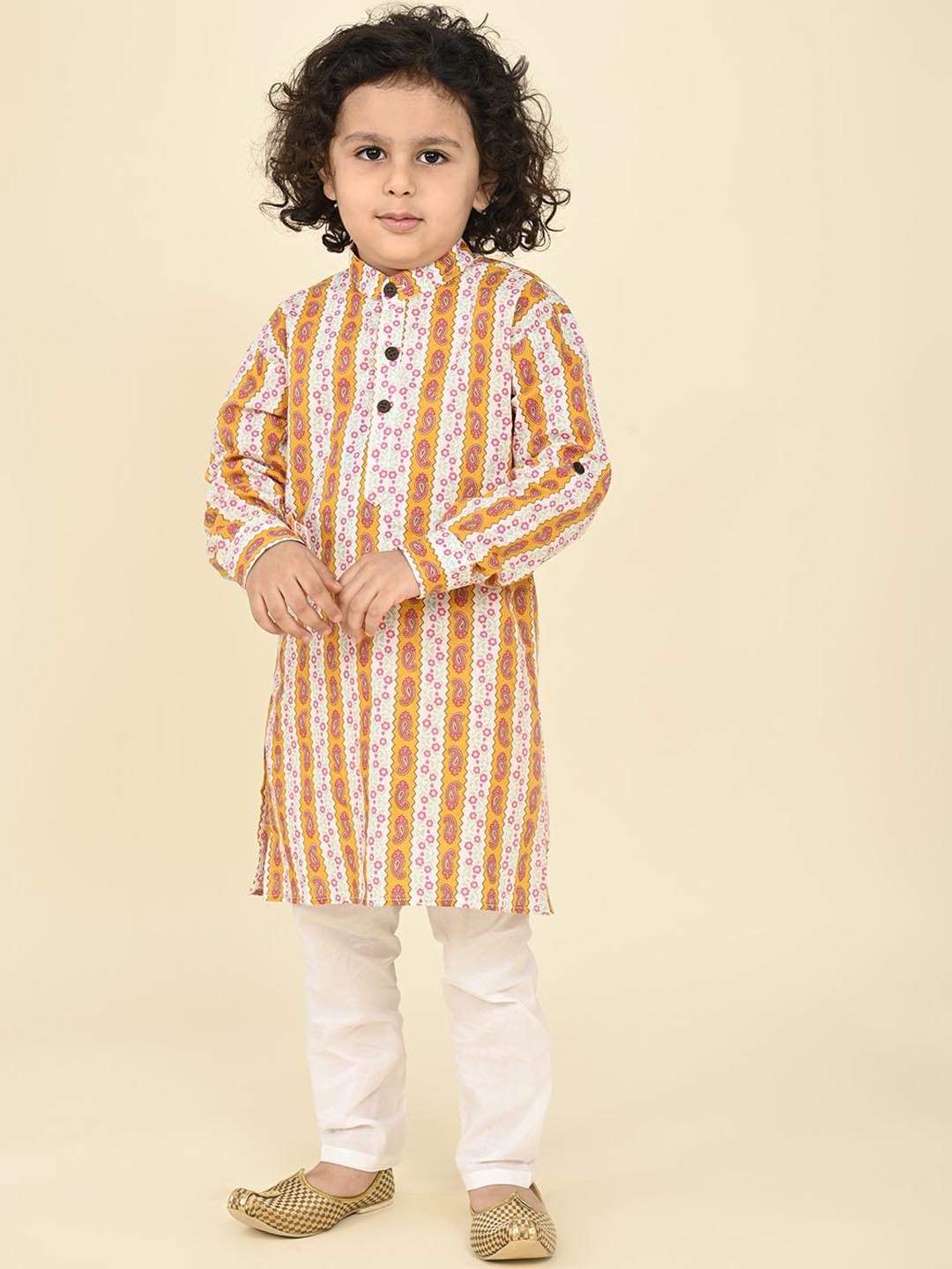 

LIL PITAARA Boys Ethnic Motifs Printed Pure Cotton Kurta With Pyjamas, Yellow