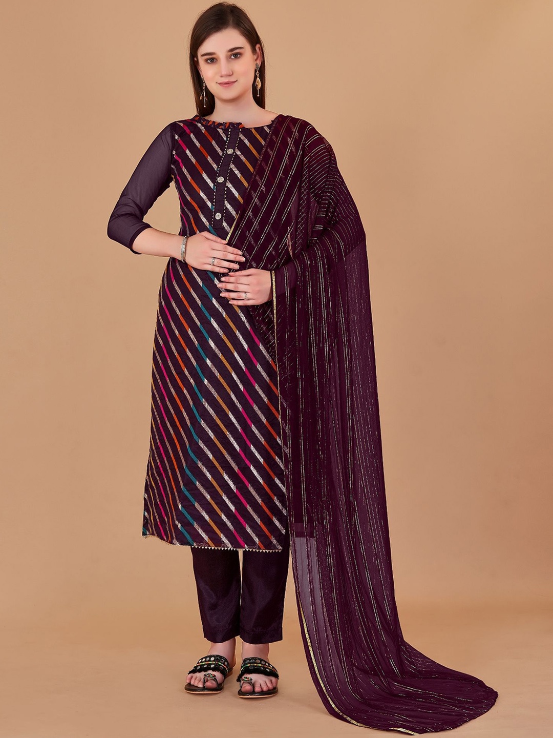 

Aika Striped Woven Design Unstitched Dress Material, Brown