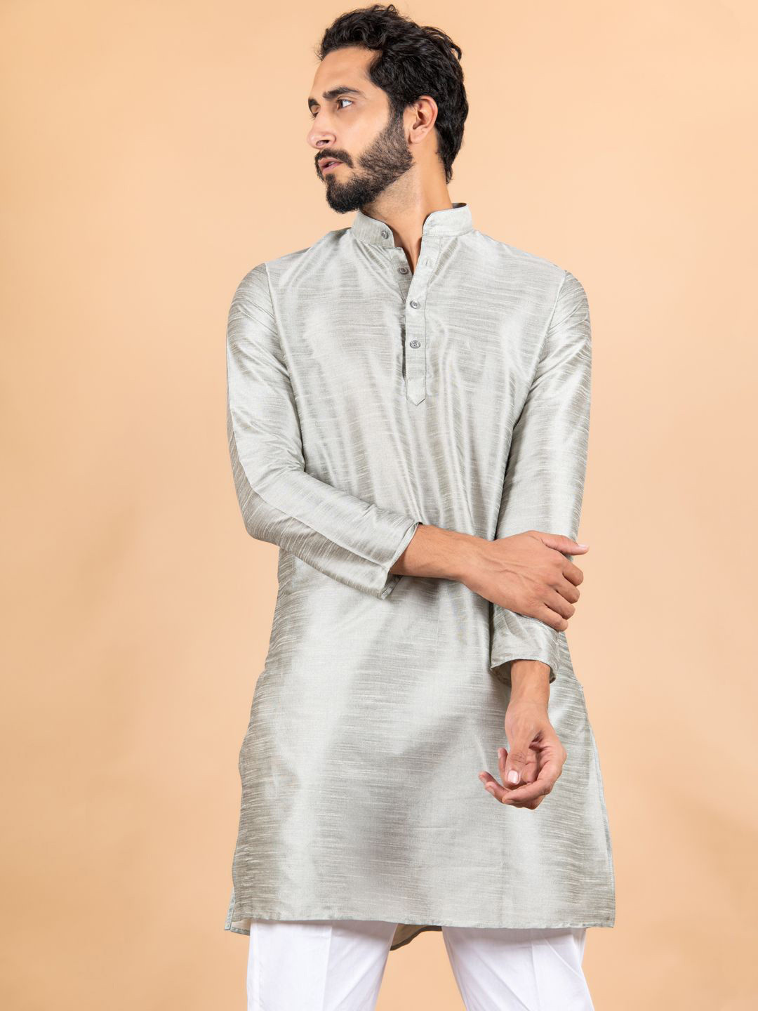 

Tistabene Mandarin Collar Long Sleeves Silk Straight Kurta, Grey