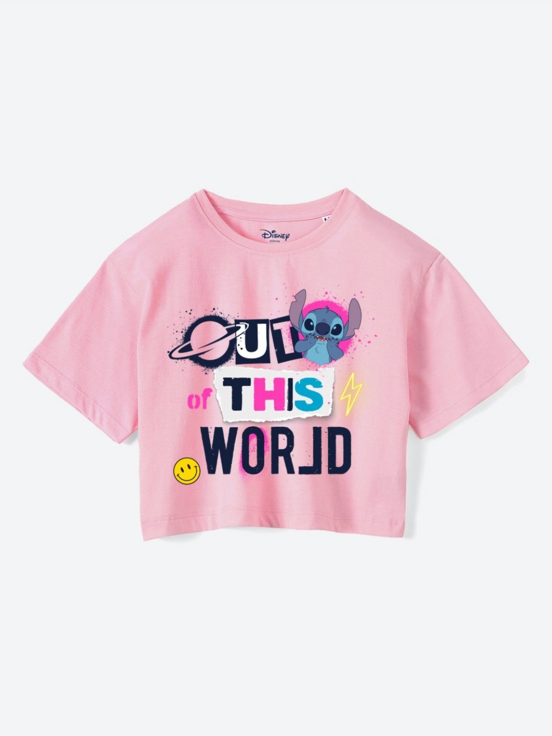 

YK Disney Girls Printed Pure Cotton Applique Boxy T-shirt, Pink