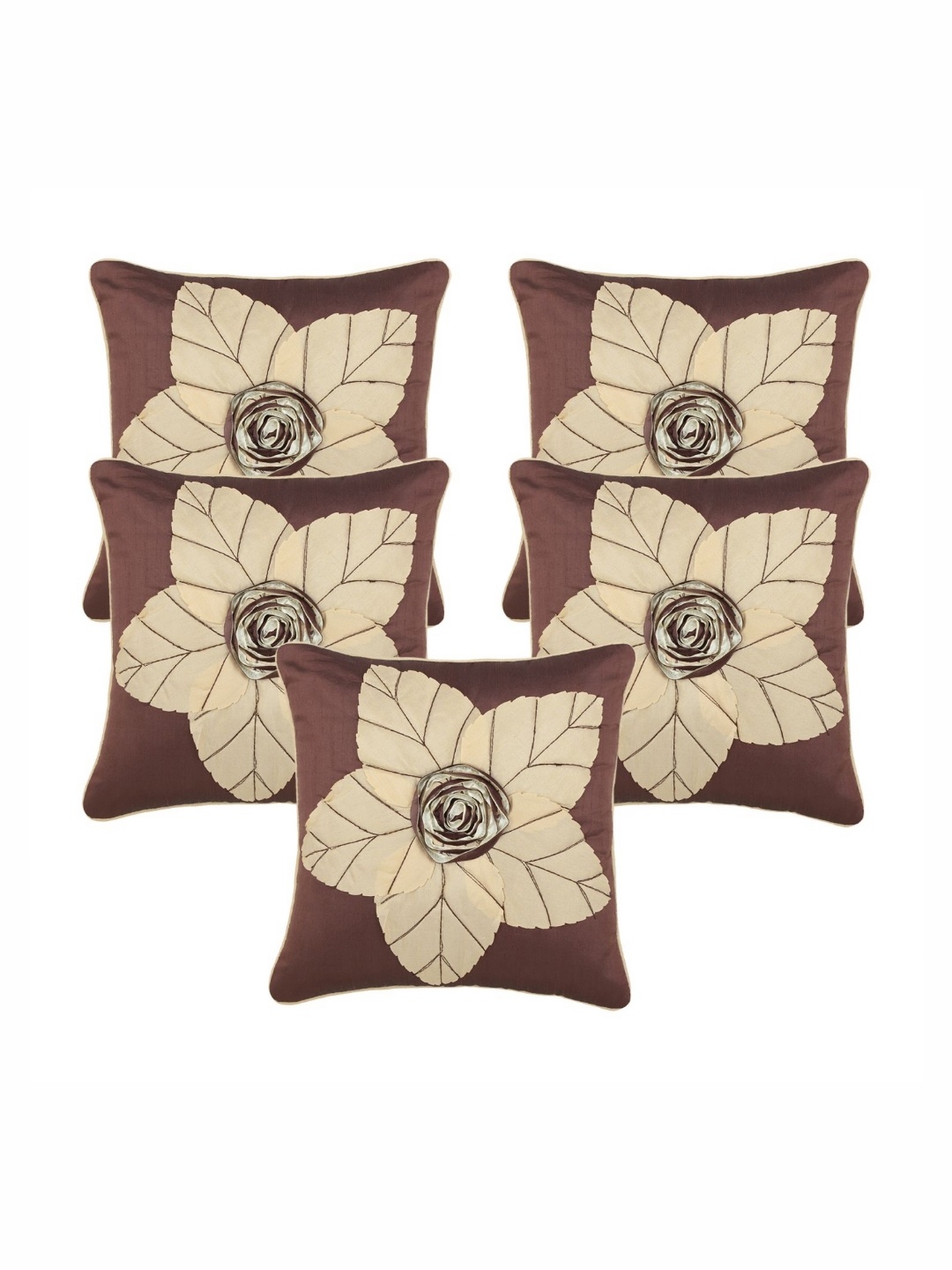 

Creeva Brown & Beige 5 Pieces Floral Printed Silk Square Cushion Covers