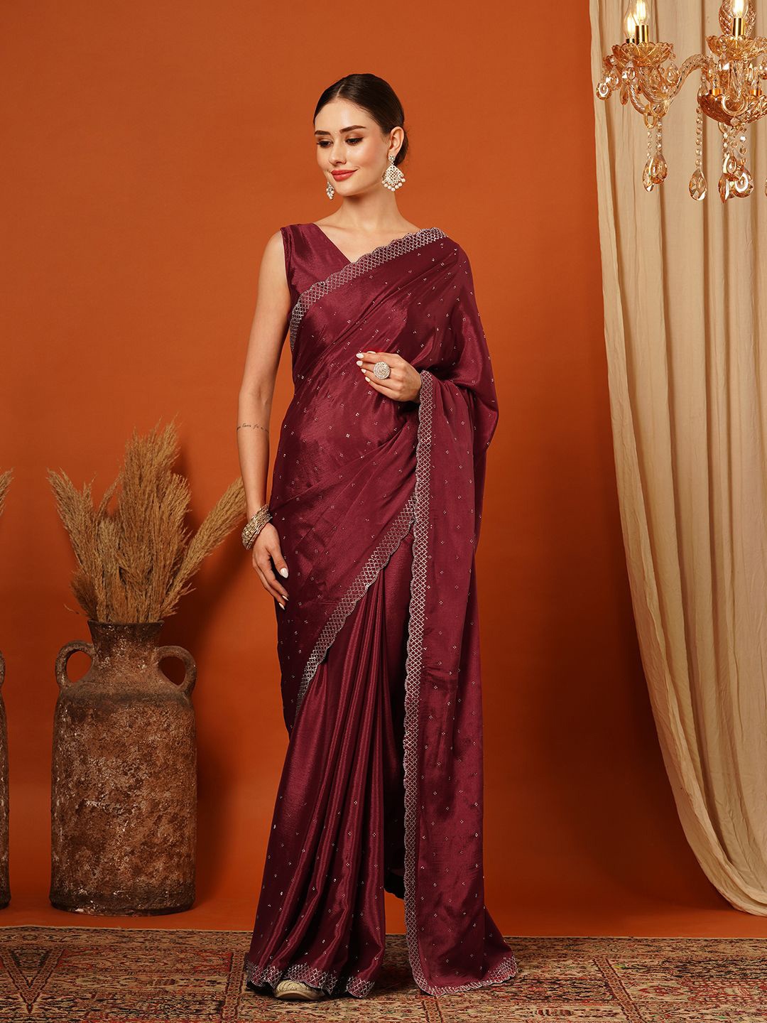 

KALINI Embellished Beads and Stones Tissue Mysore Silk Saree, Maroon