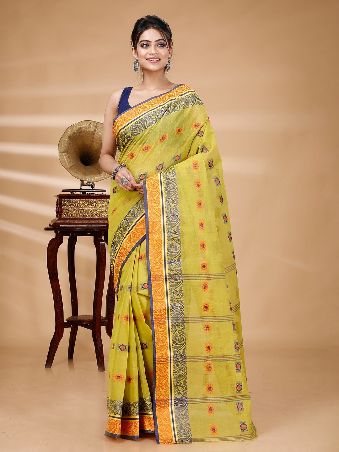 

PuJoy Ethnic Motifs Pure Cotton Taant Saree, Yellow