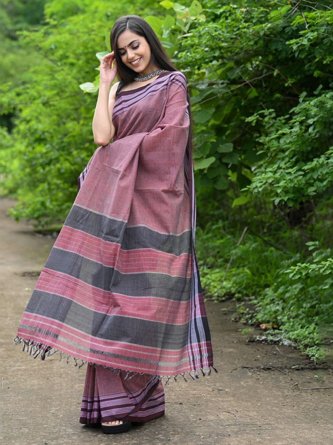 

Very Much Indian Checked Pure Cotton Saree, Brown