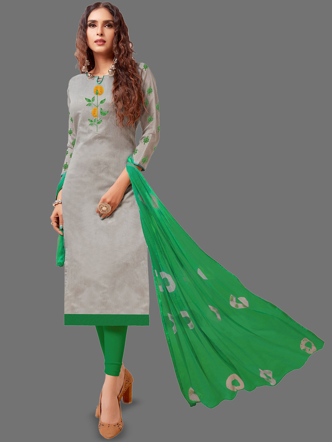 

Aika Floral Embroidered Thread Work Pure Cotton Unstitched Dress Material, Grey